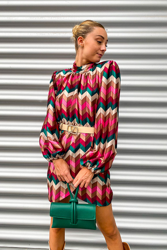 Vicolo - Vestito fantasia geometrica multicolor in raso con gonna a portafoglio