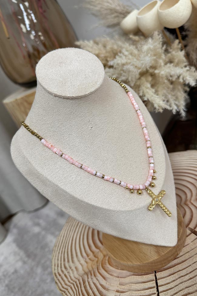 Calibro Shop - Collana con perline rosa e croce oro