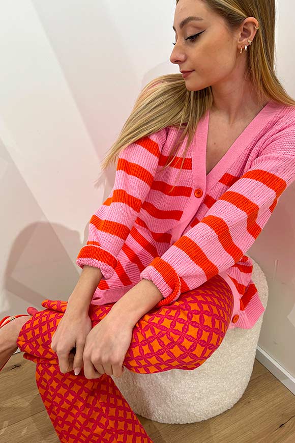 Kontatto - Long striped cardigan in bubble pink and orange