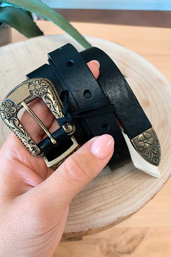 Vicolo - Black belt with gold Texan buckle