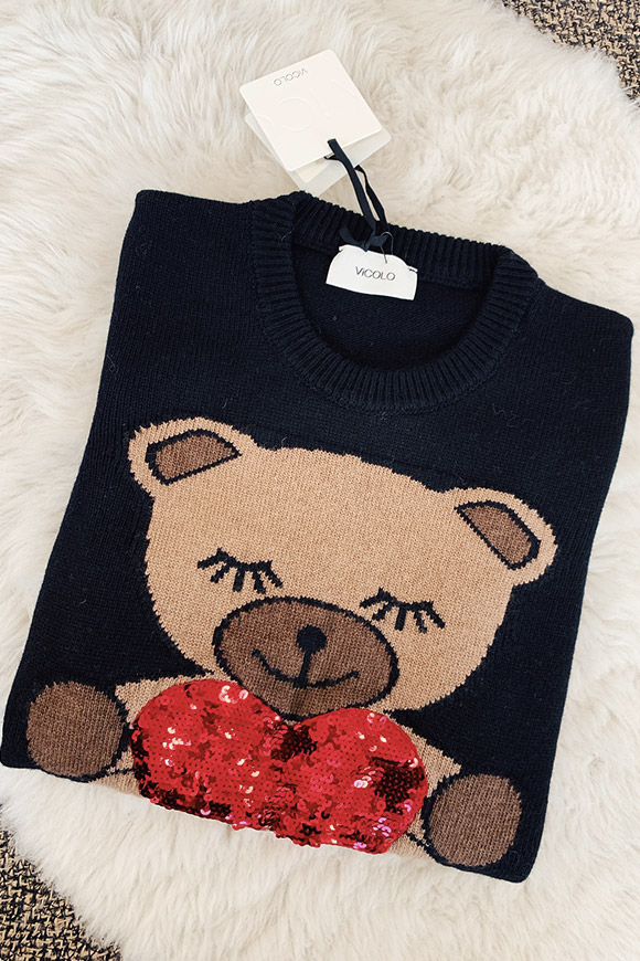 Vicolo - Black teddy bear sweater with red sequins