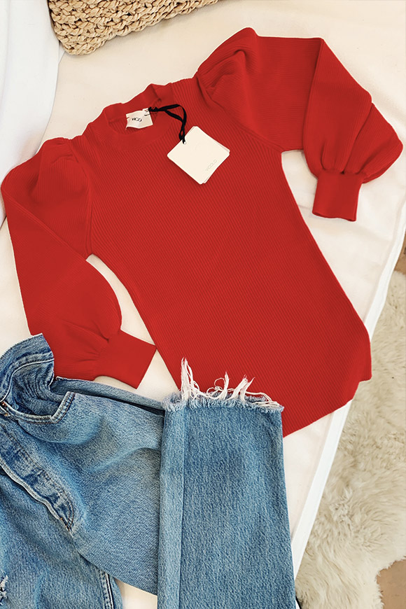 Vicolo - Red ribbed sweater with balloon sleeves