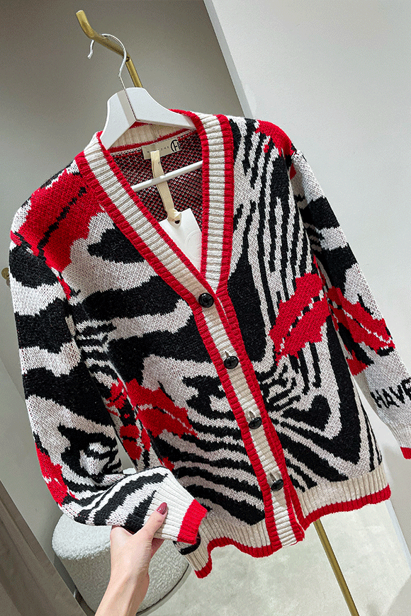 Haveone - Cardigan zebrato rosso, panna e nero