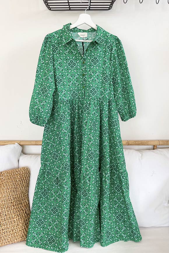 Vicolo - Vestito chemisier verde floreale in cotone a balze