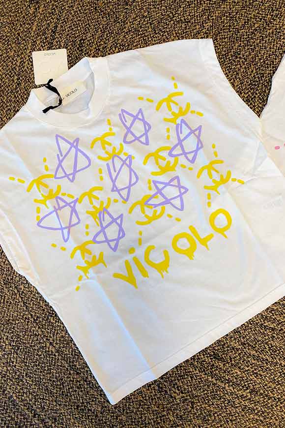 Vicolo - T shirt bianca stampa stelle gialla e lilla