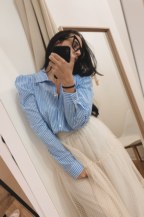 Vicolo - Light blue striped shirt with gathered shoulders