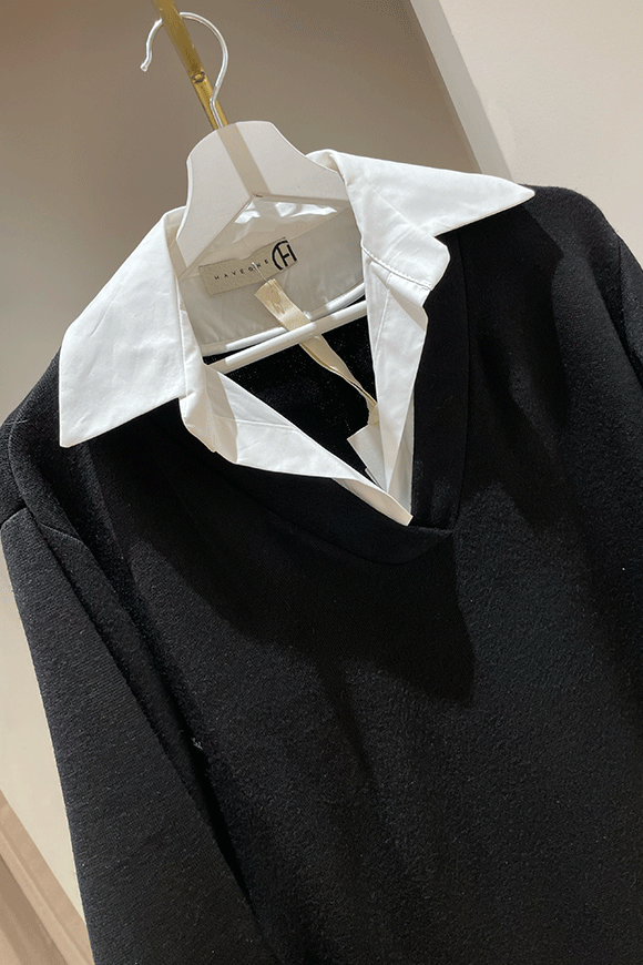 Haveone - Vestito nero soft touch con inserti camicia