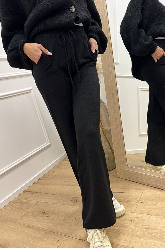 Haveone - Pantalone in punto stoffa nero con coulisse