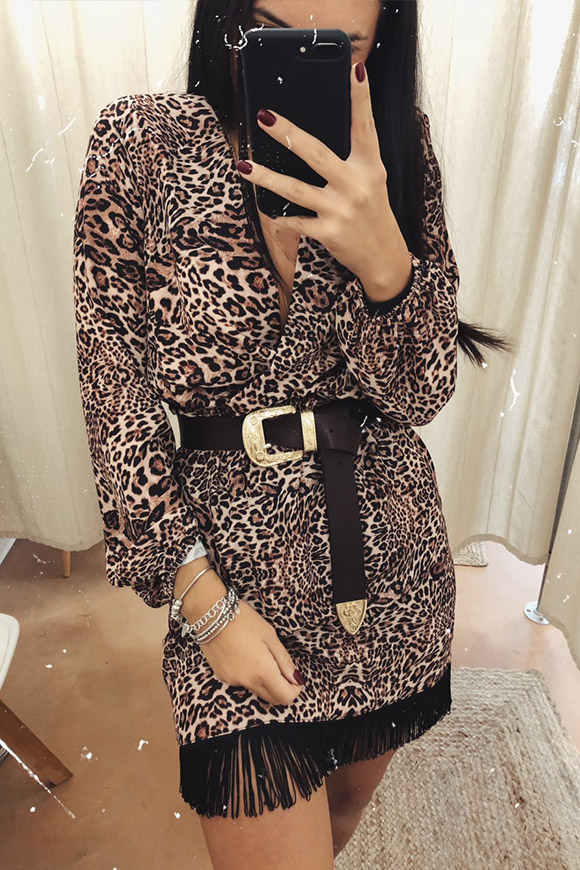 Kontatto - Vestito leopardato con frange a portafoglio