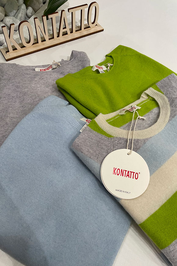 Kontatto - Gray, ecru, cloud, acid green crew neck striped sweater