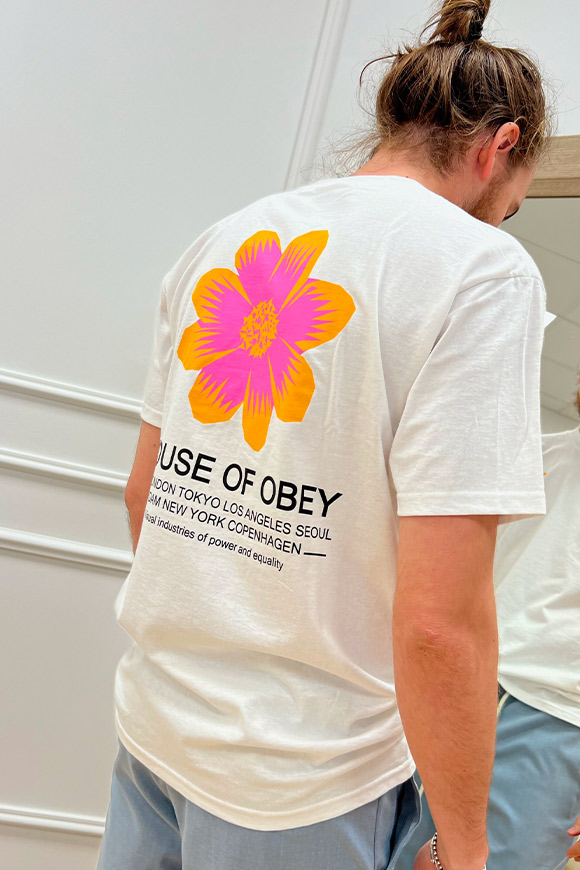 Obey - T shirt bianca stampa flower arancio e fucsia