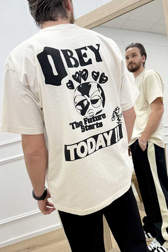Obey - T shirt crema stampa "the future starts" in nero
