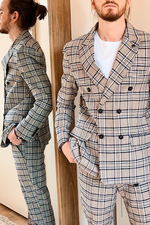 Gianni Lupo - Beige and blue plaid double-breasted jacket