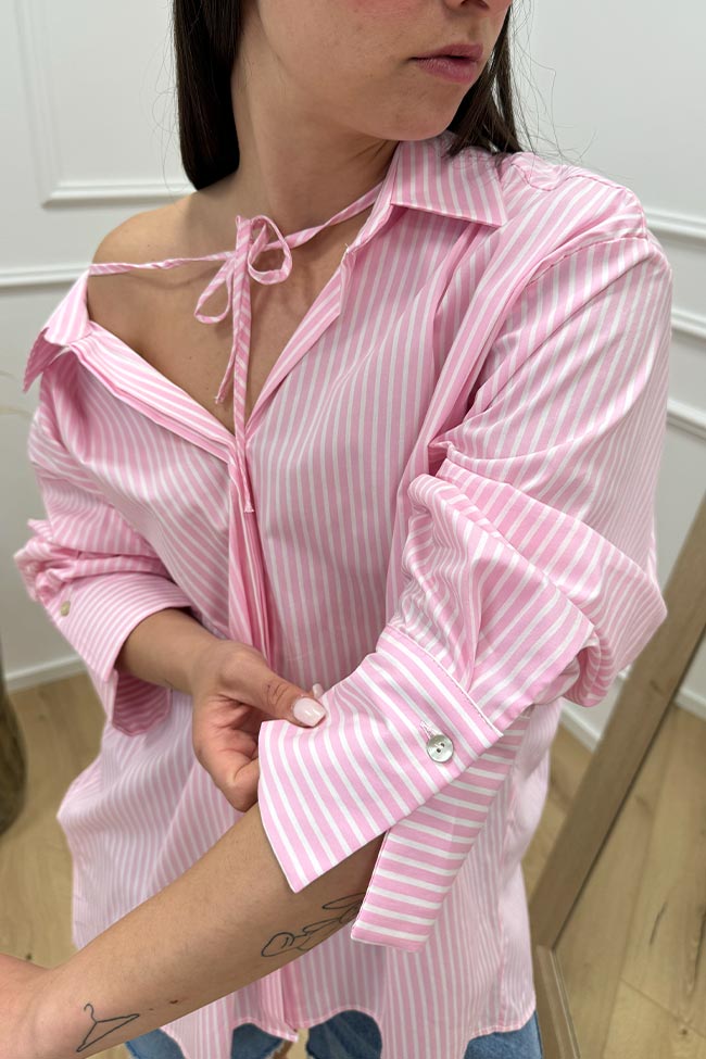 Vicolo - Camicia oversize rigata rosa fiocco sul collo