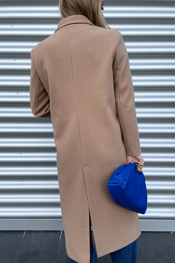 Haveone - Cappotto lungo cammello con bottoni blu