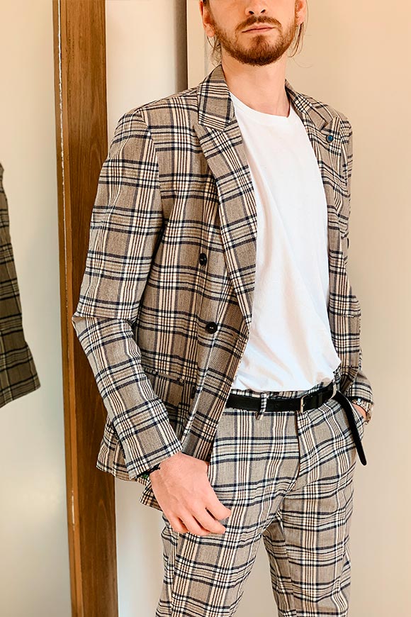 Gianni Lupo - Beige and blue plaid double-breasted jacket