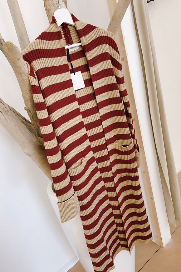 Vicolo - Cardigan lungo a righe rosso e beige in maglia
