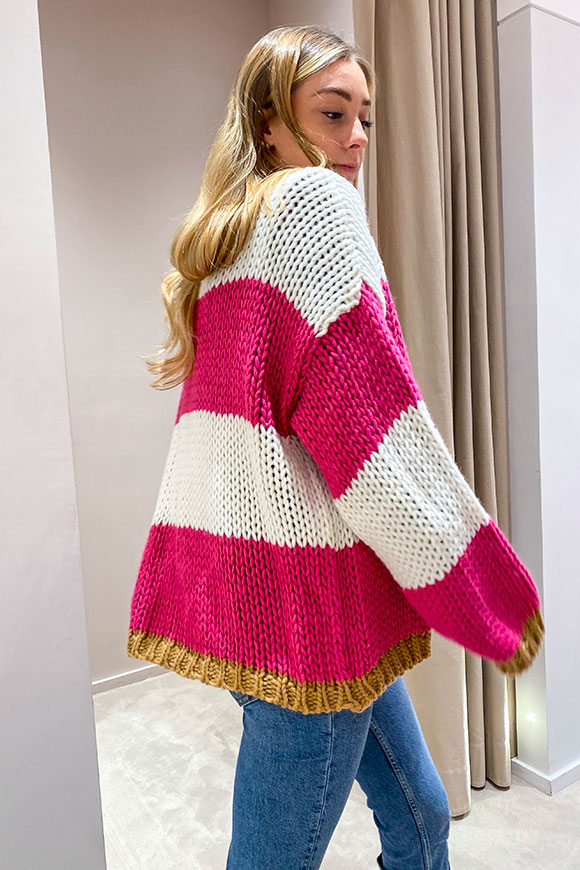 Vicolo - Cardigan rosa, bianco e cammello a righe in misto lana