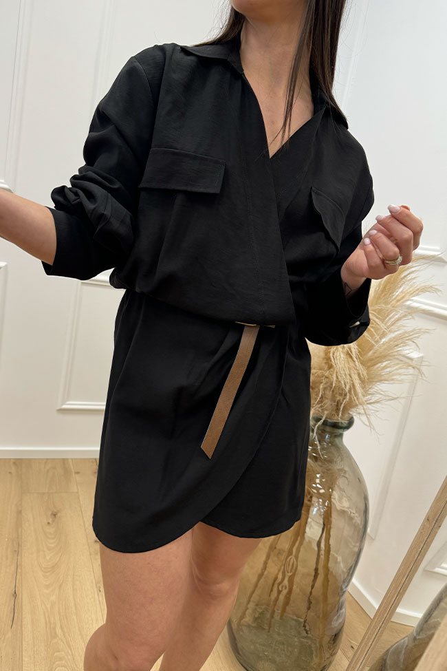Haveone - Vestito nero stile portafoglio con cintura