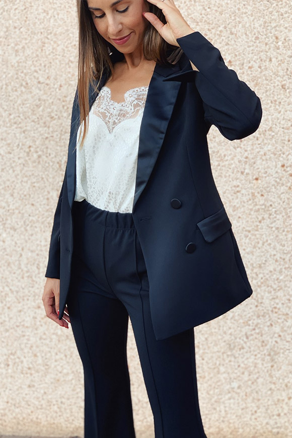 Vicolo - Black double-breasted jacket with satin inserts