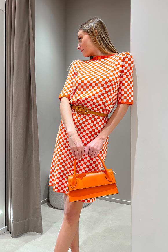 Vicolo - Orange checkered midi dress, ecru with belt