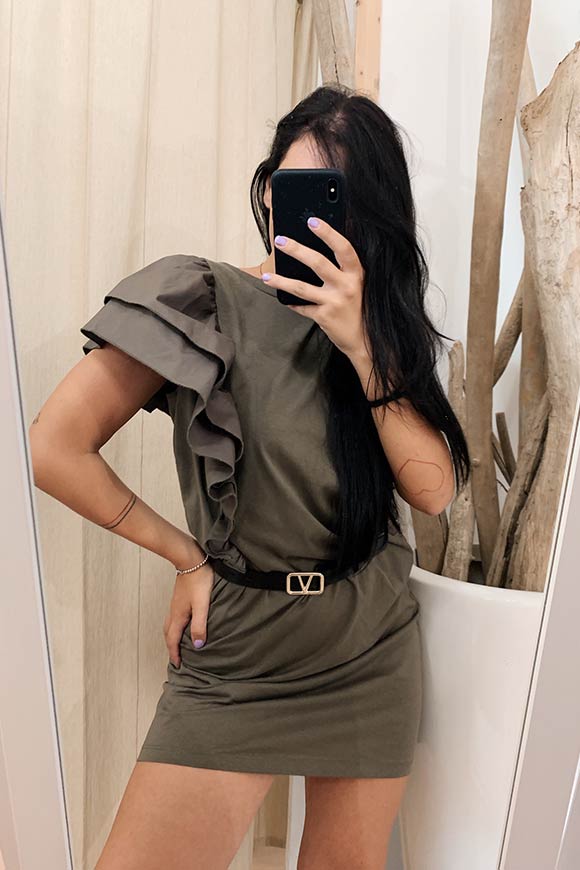 Vicolo - Military green cotton dress with puffed sleeves