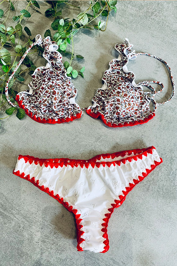 Effek - Costume triangolo a fiori bianco e rosso con bordo ricamato