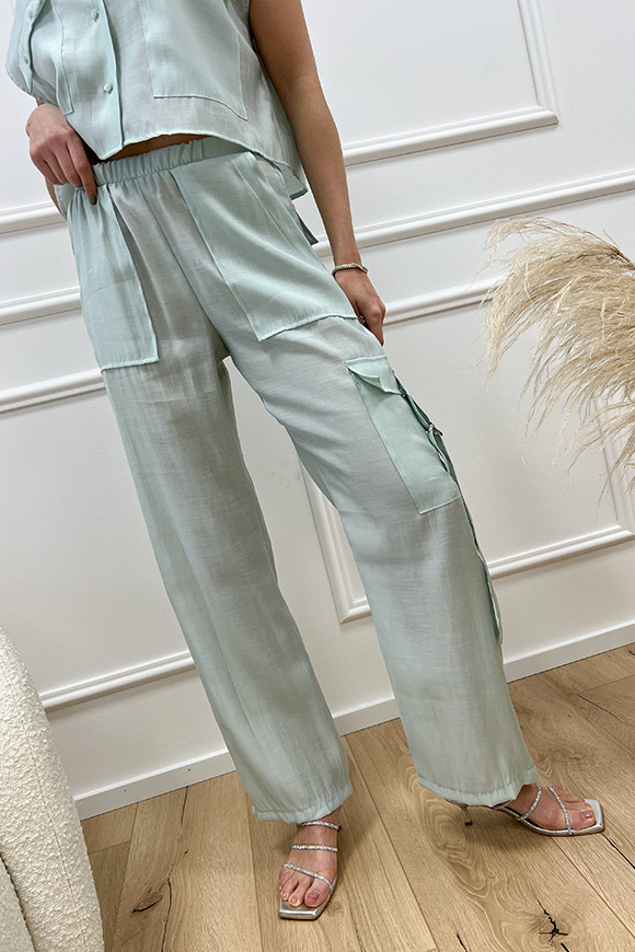 Haveone - Pantaloni menta in misto lino con tasconi