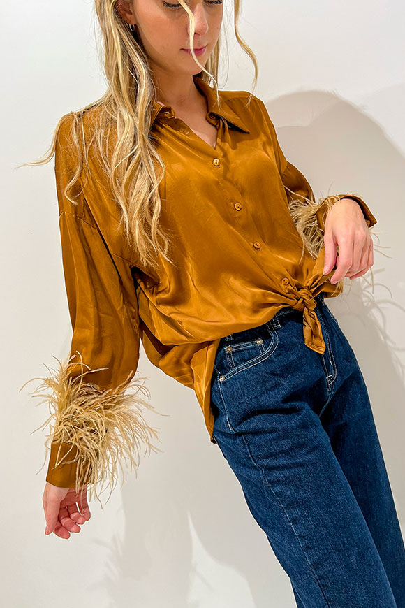 Tensione In - Bronze satin shirt with ragla sleeves and feathers on the sleeve