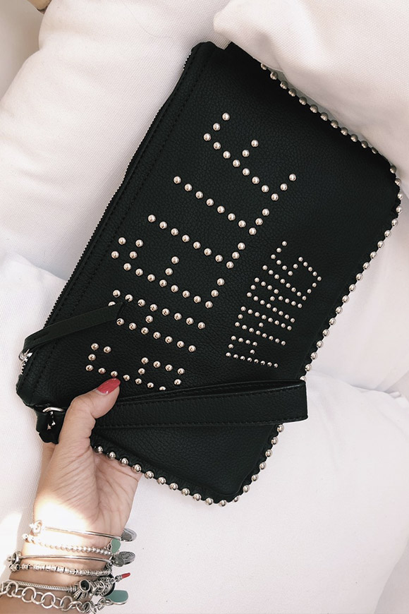 Gaelle - Black clutch bag with studs and logo