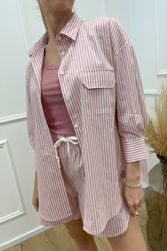 Vicolo - Camicia over rosa rigata bianca in cotone