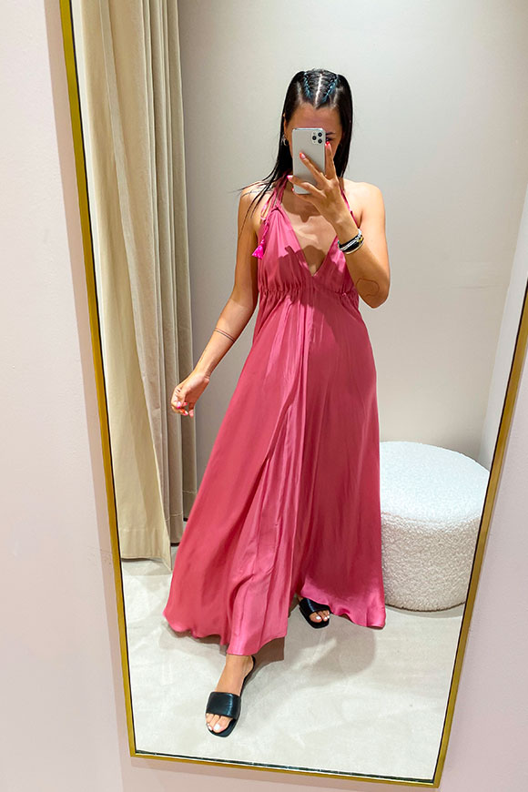 Tensione In - Pink satin dress with lacing at the neck