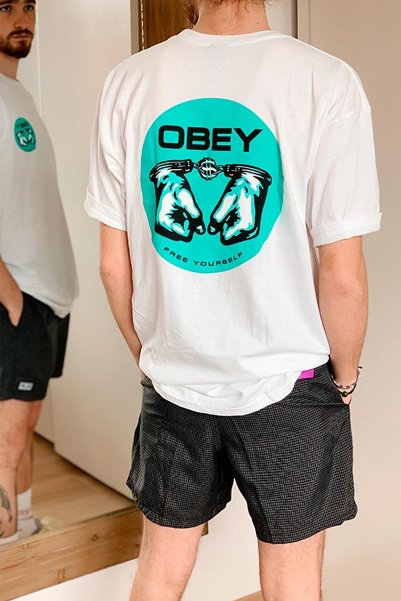 Obey - T shirt bianca con logo menta Awareness