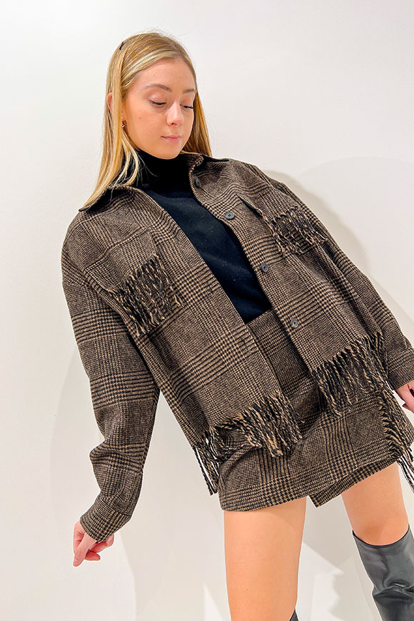 Vicolo - Brown and black plaid jacket with fringes