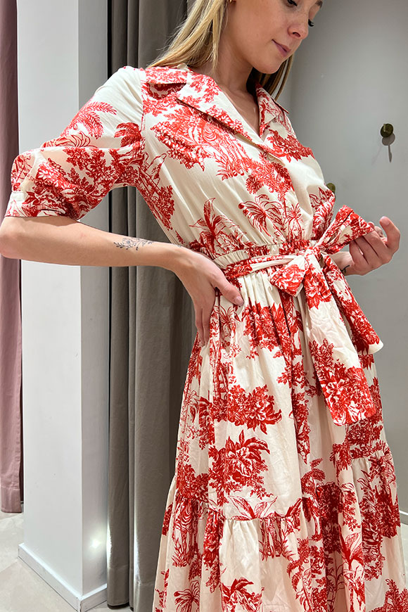 Vicolo - Vestito chemisier stampa Dior rosso, bianco a mezza manica