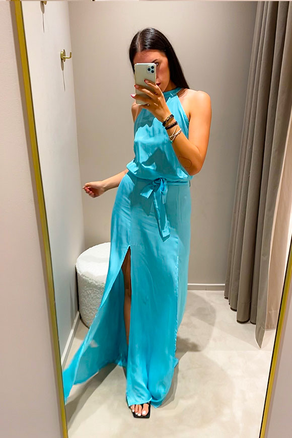 Tensione In - Light blue satin dress with double slit