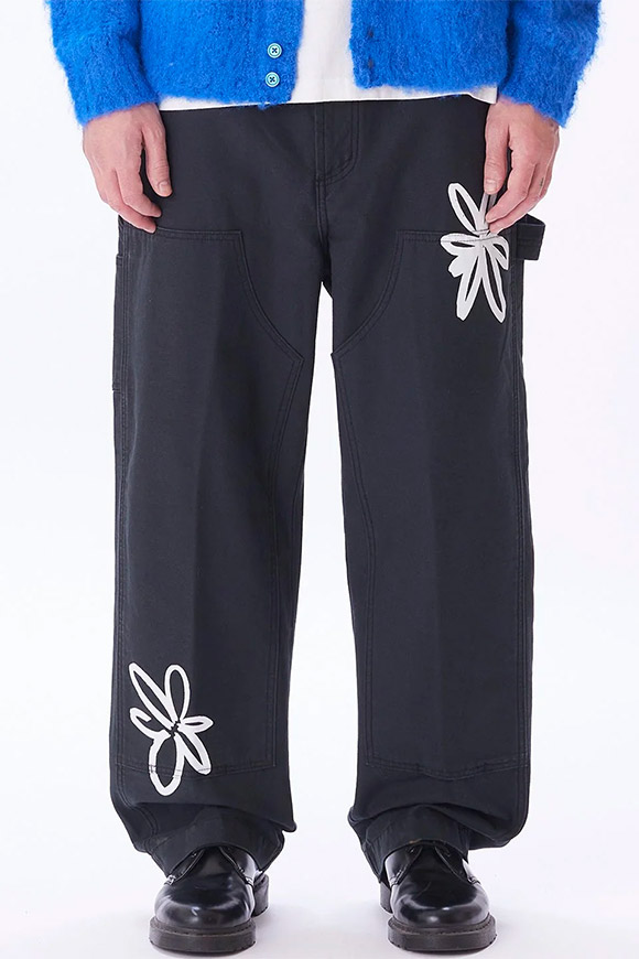 Obey - Pantalone nero in twill con stampe fiori