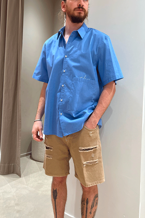 I'm Brian - Camicia oxford azzurra a mezza manica stampa logo filo tasca