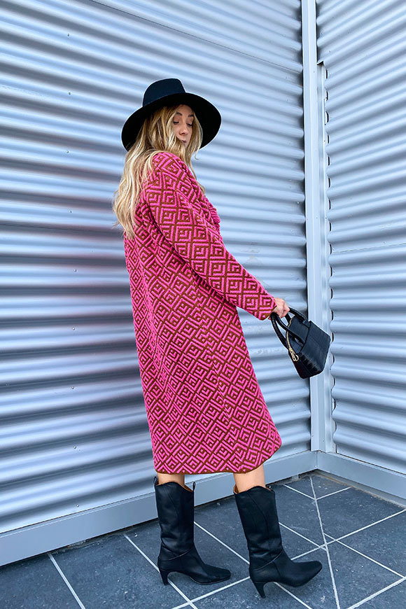 Motel - Patterned chocolate and fuchsia coat with fringes