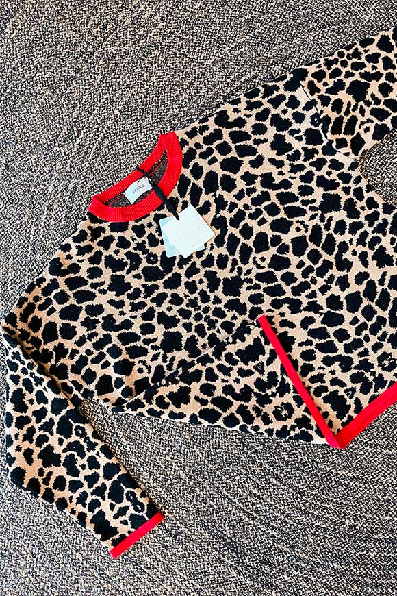 Vicolo - Maglione giraffa beige/nero con bordo rosso