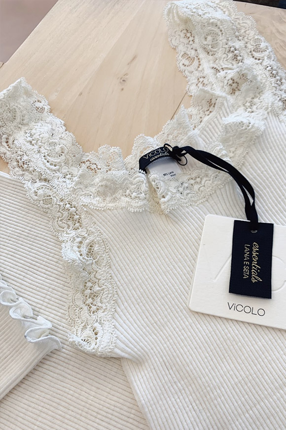 Vicolo - Cream wool and silk tank top with lace