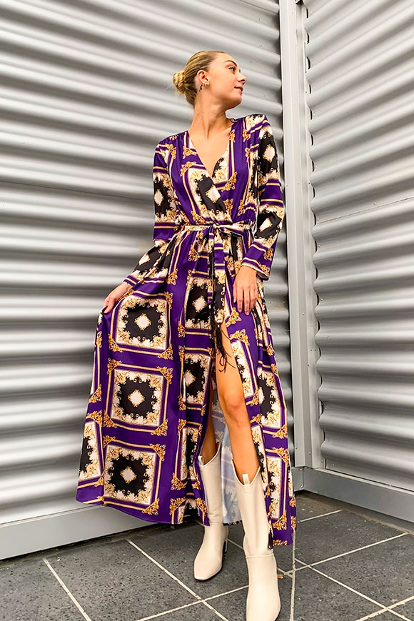 Vicolo - Vestito fantasia Versace viola e oro lungo in raso con spacco