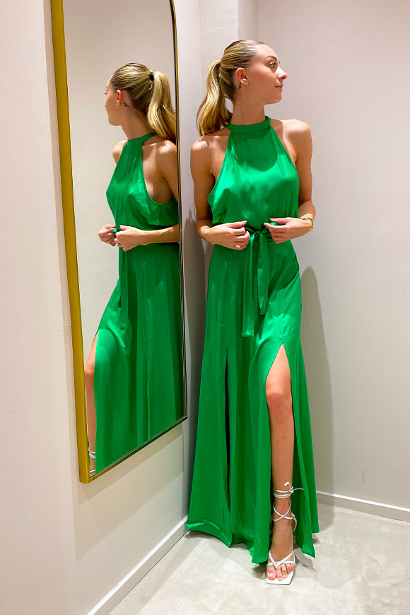 Vicolo - Vestito lungo in raso verde con doppio spacco