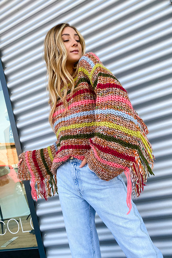 Kontatto - Multicolor striped sweater with fringes on the sleeve