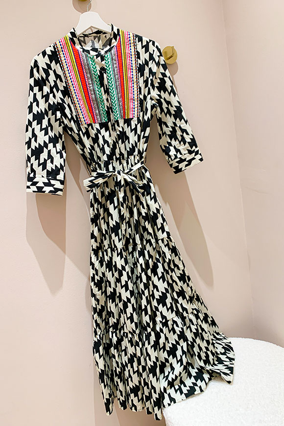 Vicolo - Black and white zig zag dress with flounces with multicolor embroidery