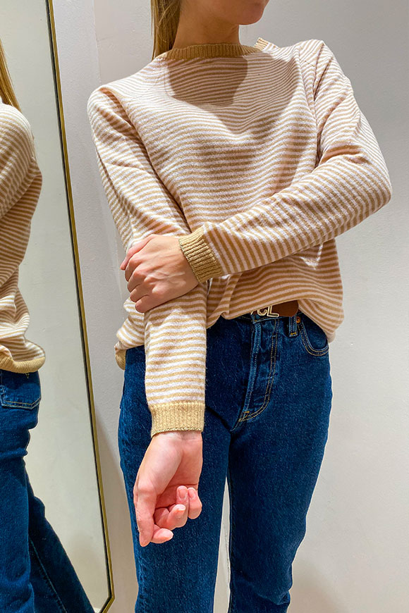 Vicolo - Sand and pink micro stripe sweater with lurex edge in cashmerex