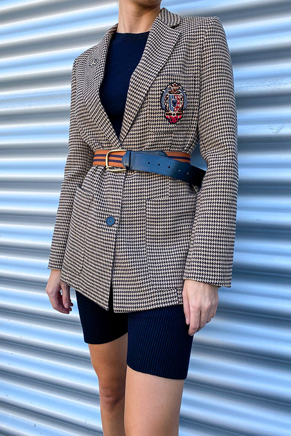 Vicolo - Brown and black houndstooth jacket with patch and belt detail