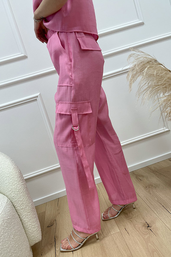 Haveone - Pantaloni rosa in misto lino con tasconi