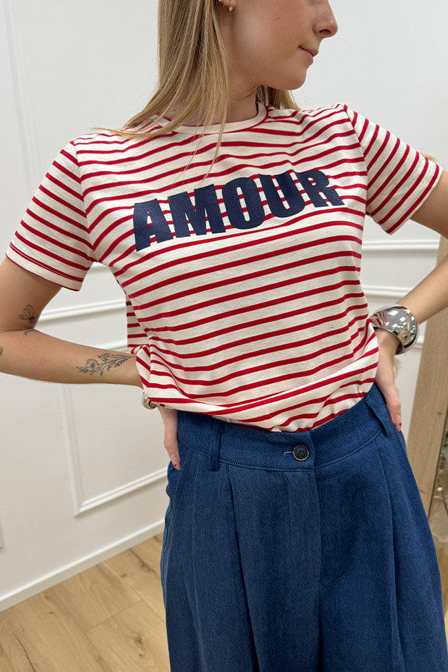 Dixie - T shirt bianca riga rossa scritta "Amour"