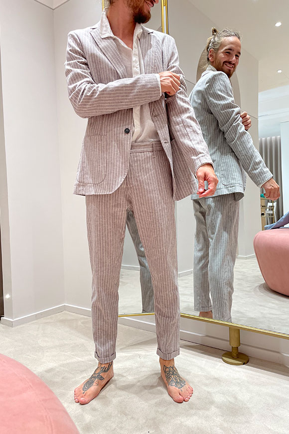 Imperial - Pantalone gessato grigio e bianco in lino